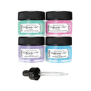 Four small jars of acrylic hardener gel in mint green, pink, lavender, and light blue, arranged in a 2x2 grid, with a black-and-clear dropper bottle shown below on a white background.