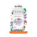 Speedball 6-piece watercolor brush markers in a clear plastic blister pack with a white backing card decorated with colorful floral illustrations and the Speedball logo.