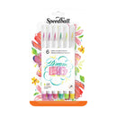 Speedball Dream Big 6 Watercolor Brush Markers in a clear plastic blister pack with a white backing card decorated with colorful floral illustrations and an orange base.