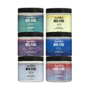 Six jars of Speedball Mid-Fire acrylic paint arranged in two columns on a white background. The paint colors include Prima Vert, Quotie de Citron, Saltpeter, Espada, Natural Spat, and Rosemoulins.