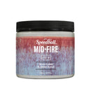 A jar of Speedball Mid-Fire paint in the shade Blue Flame, featuring a textured red and blue label with a black lid, on a white background.