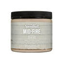A jar of Speedball Mid-Fire Vanilla Flux medium, featuring a black screw-on lid and a textured off-white label with brown distressed edges, on a solid white background.