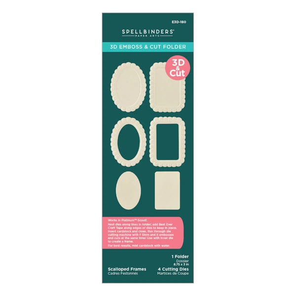 Spellbinders 3D Emboss & Cut Folder packaging, featuring a dark teal card with cream-colored die-cut shapes, a pink '3D & Cut' badge, and product details on a white background.