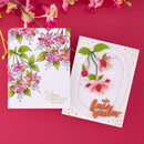 Two floral greeting cards on a pink background with decorative elements.