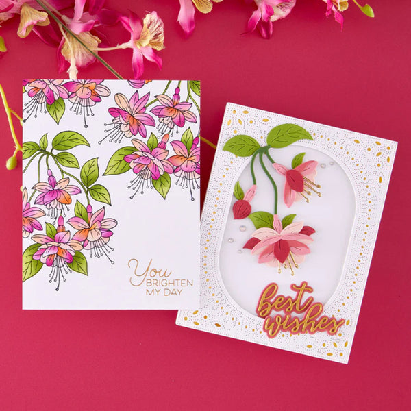 Two floral greeting cards on a pink background with decorative elements.