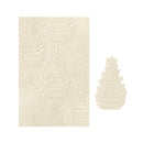 An off-white embossed paper sheet with a repeating Christmas tree pattern, shown next to a matching die-cut Christmas tree shape on a plain white background.