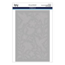 Spellbinder Stencils by Sarah Spring design sheet featuring a floral and bird stencil pattern in gray on a white backing card.