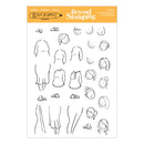 A sheet of clear stamp designs from Beyond Stamping Studio, featuring black line-art illustrations of female figures, faces, and footwear on a white background with an orange header.