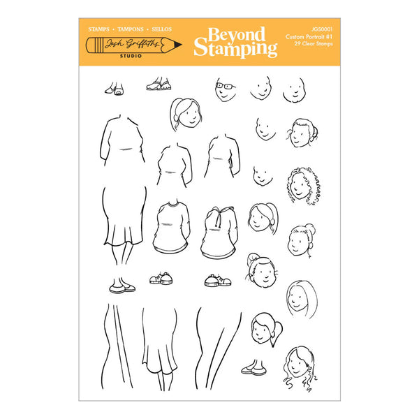 A sheet of clear stamp designs from Beyond Stamping Studio, featuring black line-art illustrations of female figures, faces, and footwear on a white background with an orange header.