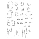 A black-and-white line drawing sheet showing various body parts and clothing components, including faces, shirts, shorts, shoes, sandals, a backpack, and a hat, arranged on a plain white background.