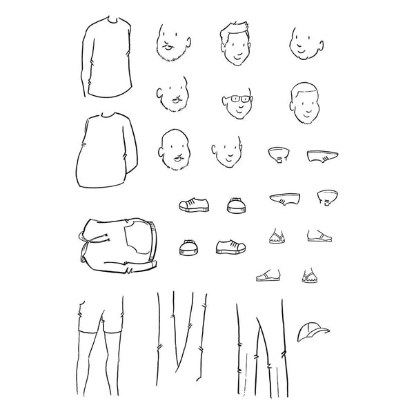 A black-and-white line drawing sheet showing various body parts and clothing components, including faces, shirts, shorts, shoes, sandals, a backpack, and a hat, arranged on a plain white background.