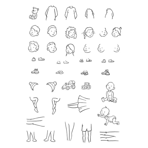 A sheet of black line art illustrations showing various body parts, faces, clothing, shoes, and simple scenes, likely a design or craft reference sheet.