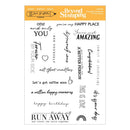 A sheet of clear stamp designs from Beyond Stamping Studio by Jack Giffiths' Studio, featuring various black and gray typographic phrases and symbols on a white background with an orange header.