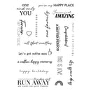 A sheet of clear stamp designs featuring various black and gray typographic phrases and symbols for family, coffee, and travel themes, displayed on a clean white background.