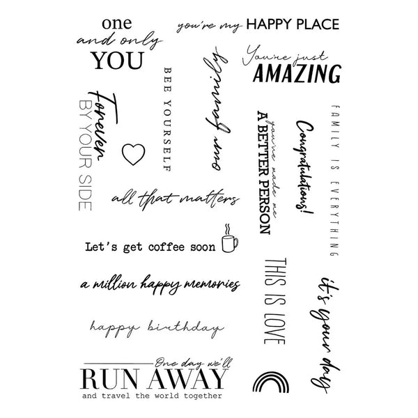 A sheet of clear stamp designs featuring various black and gray typographic phrases and symbols for family, coffee, and travel themes, displayed on a clean white background.