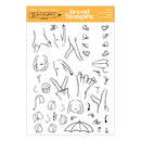 A sheet of clear stamp designs from Beyond Stamping Studio, featuring black line-art illustrations of legs, hands, feet, faces, umbrellas, and other body parts, with an orange header card.