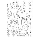 A sheet of black line art illustrations showing various body parts, accessories, and small character components on a plain white background.