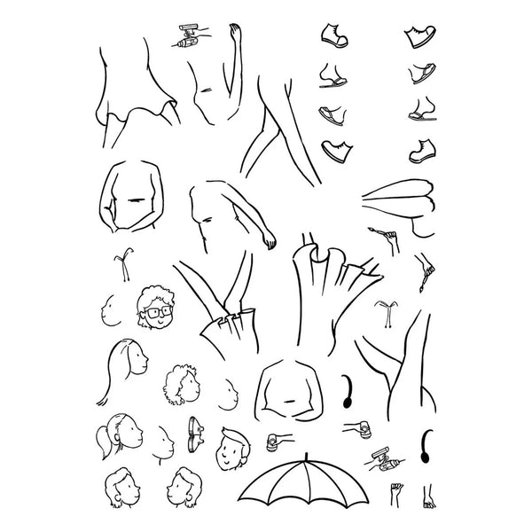 A sheet of black line art illustrations showing various body parts, accessories, and small character components on a plain white background.