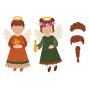 A flat vector illustration of two cute angel children with wings, halos, and braided hair, shown alongside separate hair styling options on a plain white background.