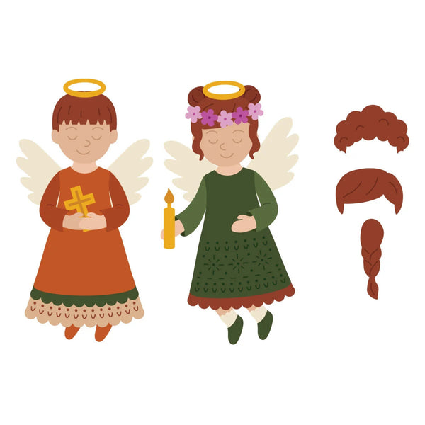 A flat vector illustration of two cute angel children with wings, halos, and braided hair, shown alongside separate hair styling options on a plain white background.