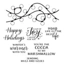 A set of black holiday-themed text phrases and decorative garland illustrations on a plain white background, likely a digital design sheet or craft stamp-style artwork.