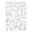Black and white line art sheet featuring various cartoon face, body, and clothing assembly pieces for children's clothing or play.