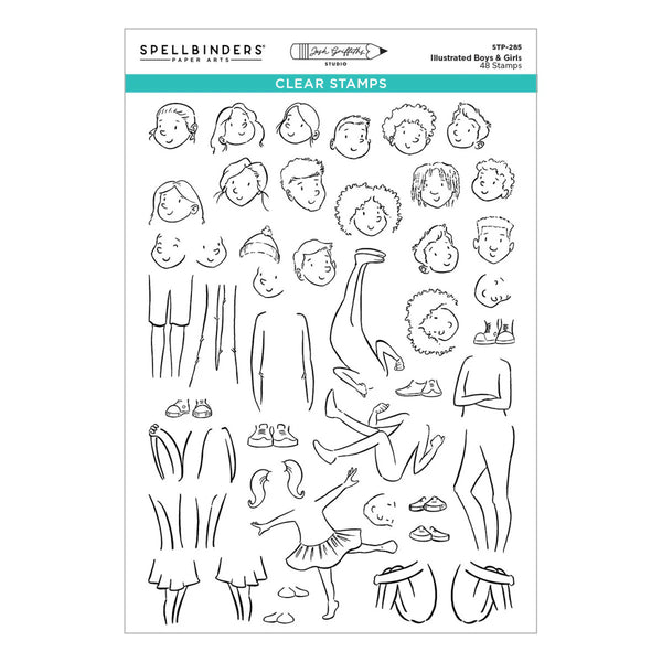Spellbinders Clear Stamps sheet featuring black line art illustrations of children's faces, limbs, and body parts, with the Spellbinders logo and product code visible at the top.