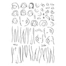 A sheet of black line art illustrations showing various body parts, faces, hair, and simplified human figures on a plain white background.