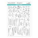Spellbinders Clear Stamps sheet featuring illustrated female body parts and hair stamps on a white background with a teal header.