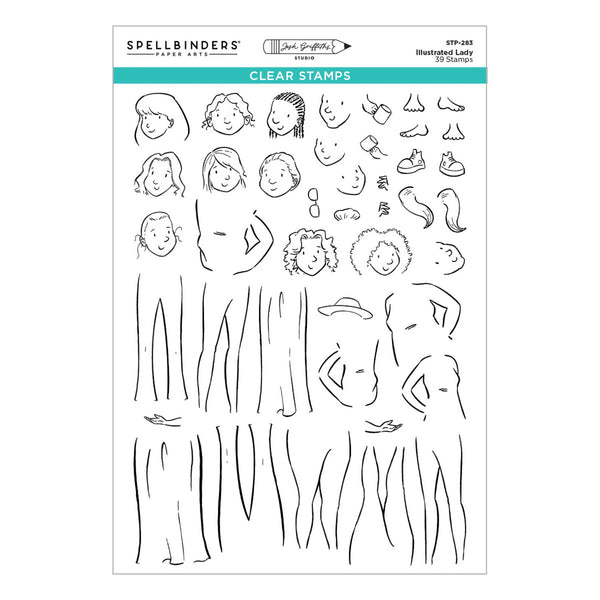 Spellbinders Clear Stamps sheet featuring illustrated female body parts and hair stamps on a white background with a teal header.