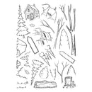 Black and white line art illustrations of winter forest elements, including pine trees, bare branches, a small cabin, logs, and a tree stump, arranged on a plain white background.