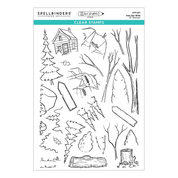 Set of clear stamps with nature-themed designs including trees, a cabin, and animals on a white background.