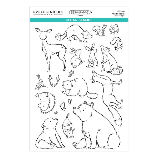 Spellbinders Clear Stamps sheet featuring 20 black line-art animal illustrations including deer, rabbits, foxes, beavers, birds, and bears, on a white background with Spellbinders branding at the top.