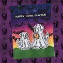 A rectangular Halloween greeting card featuring two ghost-shaped dogs, one holding a jack-o'-lantern, with the text 'HAPPY HOWL-O-WEEN' on a purple patterned background.