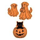 Three Halloween-themed cartoon illustrations on a white background: an orange dog in a ghost costume at top left, an orange dog in a ghost costume holding a jack-o'-lantern at top right, and a black cat sitting on top of a carved orange pumpkin at bottom center.