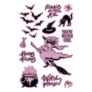 A sheet of Halloween-themed die-cut stickers featuring a pink and black witch riding a broomstick, bats, a cauldron, spider silhouettes, a witch hat, and phrases like 'Magic in the Air,' 'You're Wicked Cool,' 'Hocus Pocus,' and 'Witch please!'.