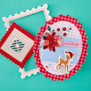 Christmas-themed card with reindeer and decorative elements on a turquoise background