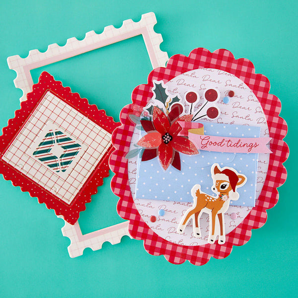 Christmas-themed card with reindeer and decorative elements on a turquoise background
