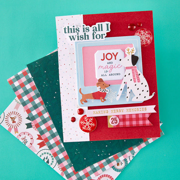 Christmas-themed card with festive design on a teal background
