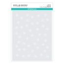 Spellbinders Paper Artie Snow Joy 2x4 x 4x4 stencils, featuring a light gray sheet with a repeating pattern of white snowflakes, shown in its retail packaging.