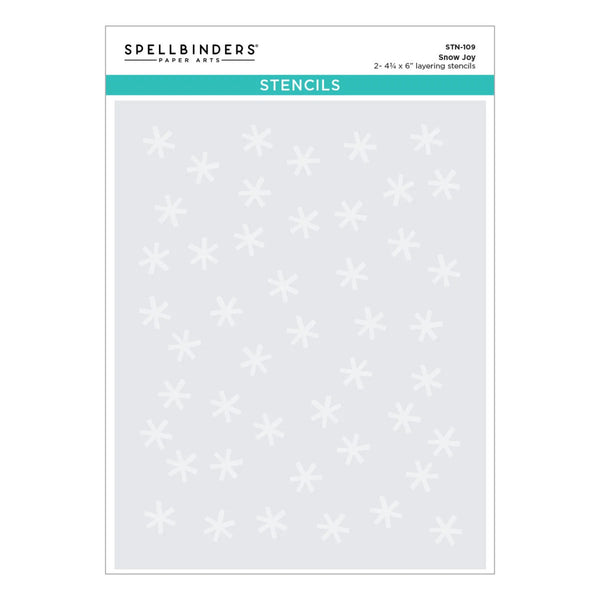 Spellbinders Paper Artie Snow Joy 2x4 x 4x4 stencils, featuring a light gray sheet with a repeating pattern of white snowflakes, shown in its retail packaging.