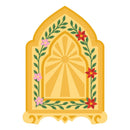A decorative arched emblem or badge with a yellow sunburst center, green leafy vines, and pink and red flowers on a white background.