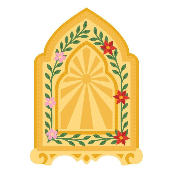 A decorative arched emblem or badge with a yellow sunburst center, green leafy vines, and pink and red flowers on a white background.