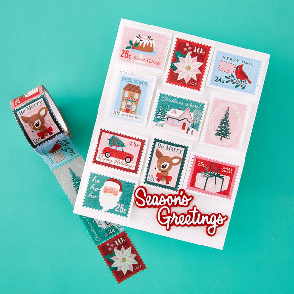 Sheet of Christmas-themed stamps with 'Season's Greetings' text on a teal background