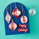 Decorative card with Christmas ornaments and 'Happy Holidays' text on a teal background