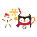 A festive winter illustration featuring a penguin-shaped mug wearing a red knit scarf, filled with a hot drink topped with whipped cream and a striped straw. A snowman wearing a red and orange hat stands beside the mug with yellow stars and a yellow snowflake around them on a plain white background.