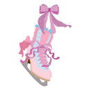 A stylized illustration of a pink ice skate boot with a large pink bow, light blue trim, and purple ribbon details, shown on a plain white background.