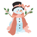 A cute cartoon snowman illustration with a black top hat, pink bow, brown scarf, blue body, green holly leaves, and an orange carrot nose on a plain white background.