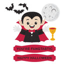 A cartoon vampire character with pointed ears, black hair, a red cape, and a red bow tie, shown with bats, a moon, a goblet, and banners reading 'YOU'RE FANGTASTIC' and 'HAPPY HALLOWEEN' on a white background.