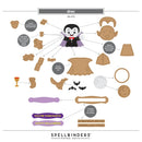 A flat lay sheet of paper craft templates for making a vampire figure named Drac, showing multiple cut-out pieces and assembly guides from Spellbinders Paper Arts.
